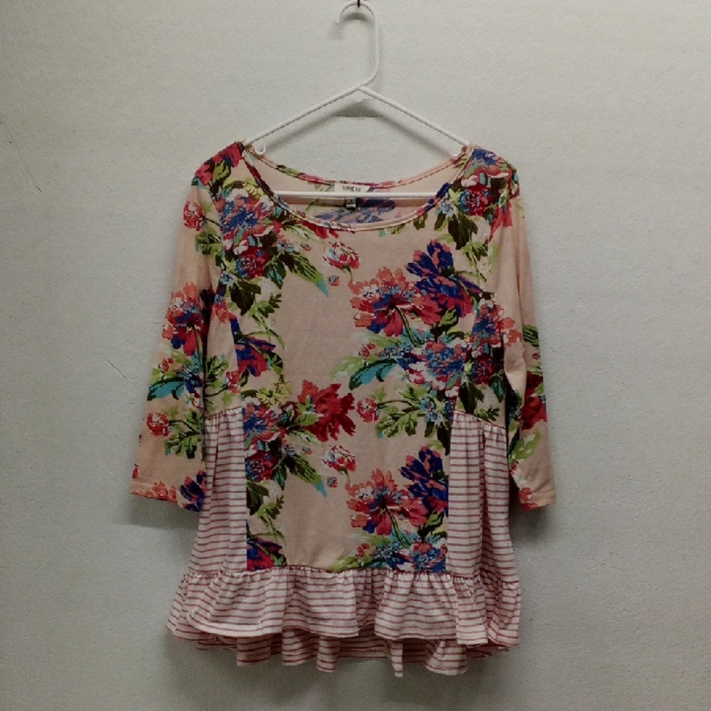 Umgee Pink Multicolor Floral Striped Ruffled 3/4 Sleeve Blouse